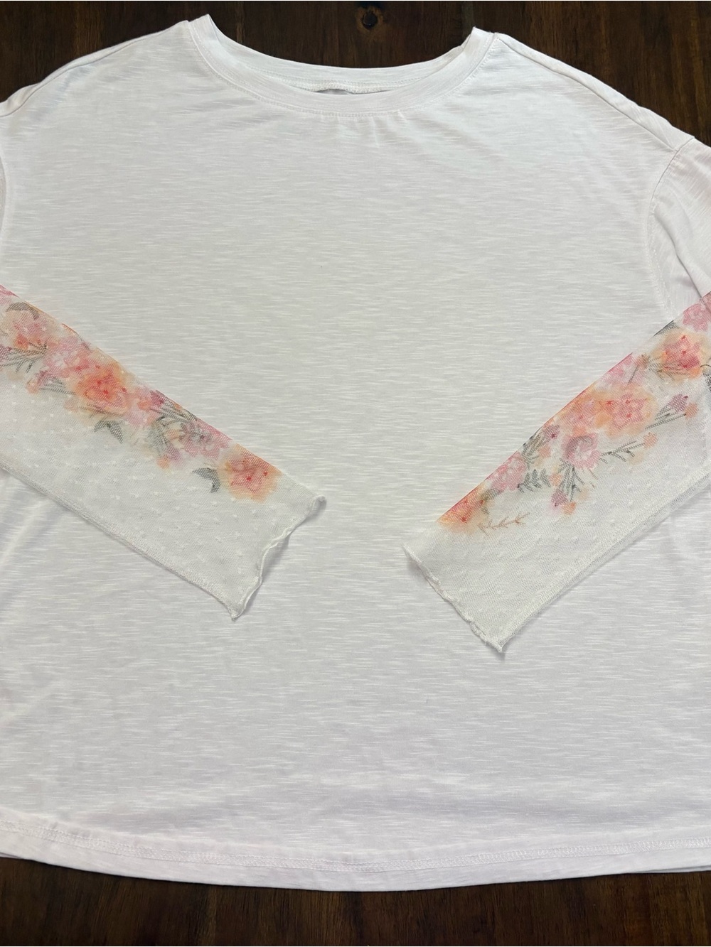 Women’s White Long-Sleeve Tee with Sheer Pink Floral Sleeves